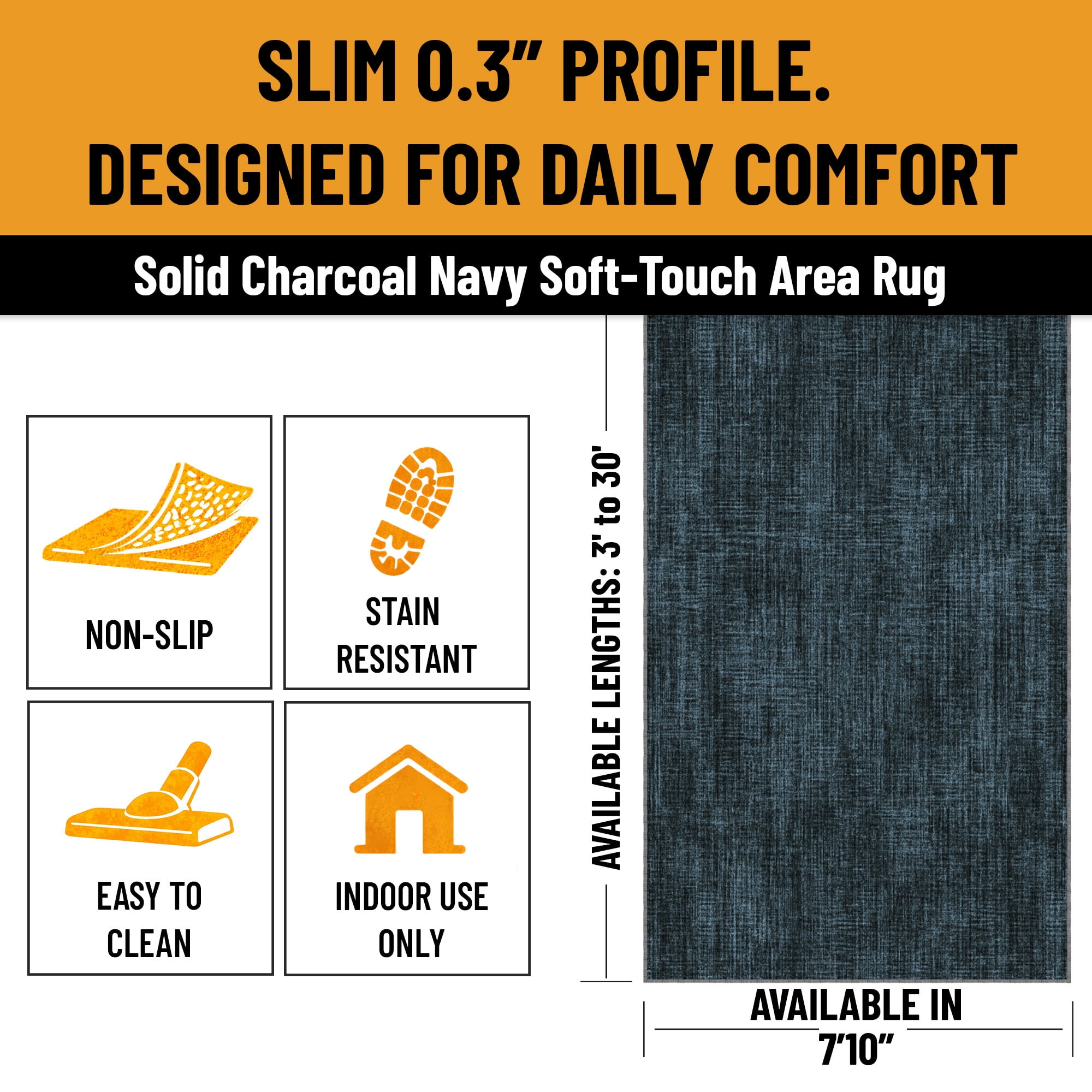 Ottomanson Non-Slip Extra Large Area Rug 7'10" x 25' Low Pile Living Room Carpet, Solid Charcoal Navy