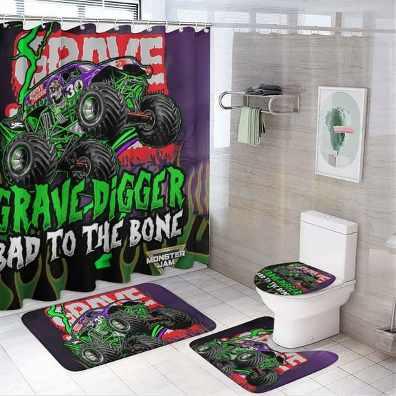 Monster Trucks Jam 4 Pcs Shower Curtain Sets Non-Slip Rugs Bath Mat Toilet Cover U Shaped Mat for Bathroom Decor Mats