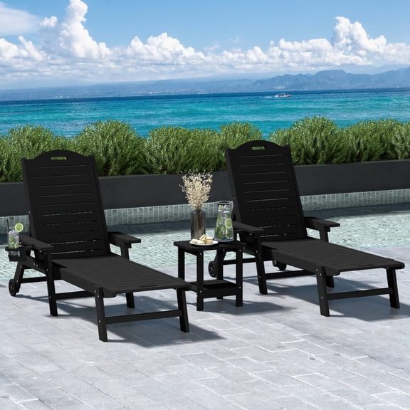 WestinTrends Aruba 3-Piece Outdoor Patio Chaise Lounge Chair with Wheels & Cup Holder with Patio Side Table, Black