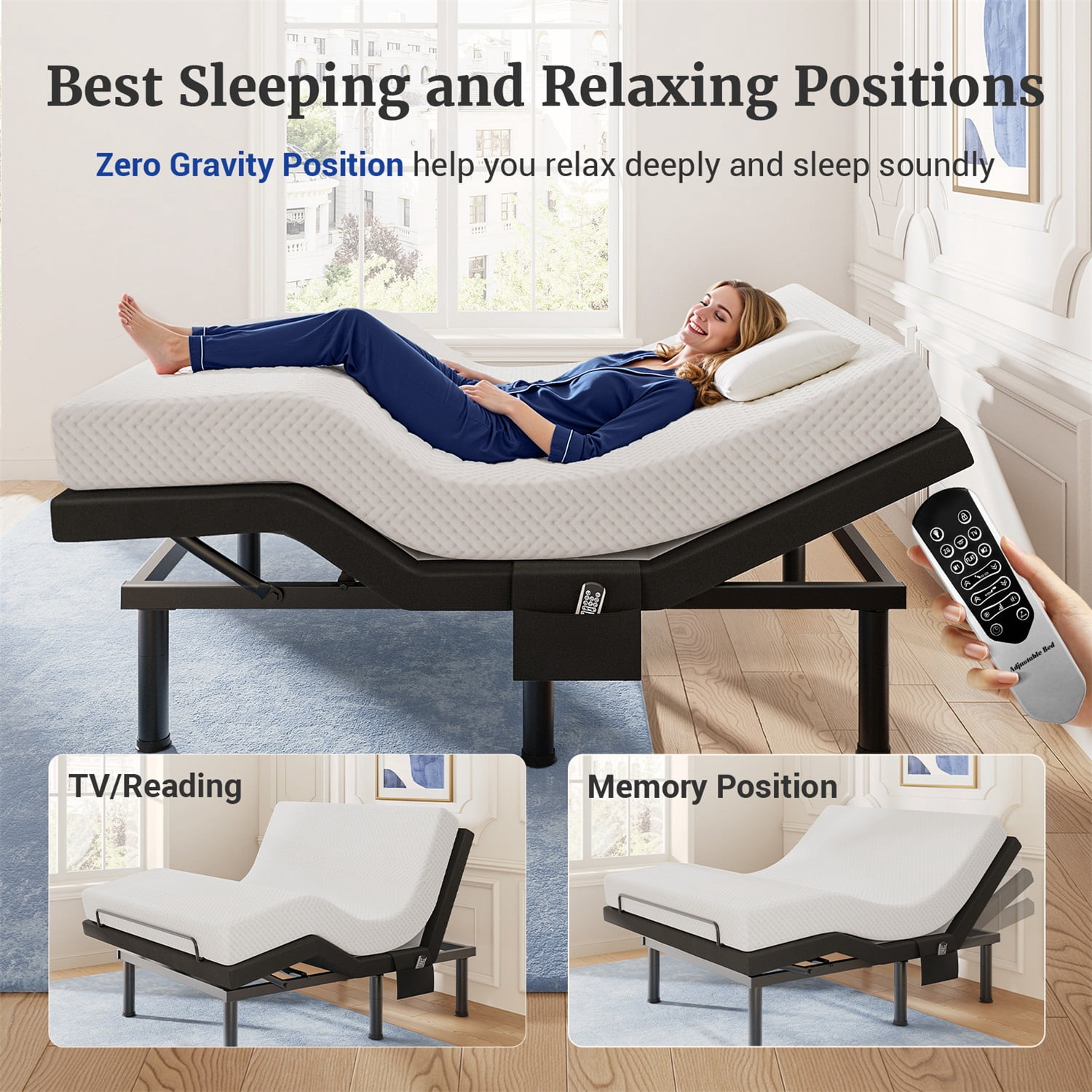 Sino Luban Adjustable Bed Frame Base Split King Size (Sync Control as King) with Massage, Head&Foot Incline - Zero Gravity Electric Bed with 4 USB Ports, Nightlight, Fast Assembly, 3 Height Options