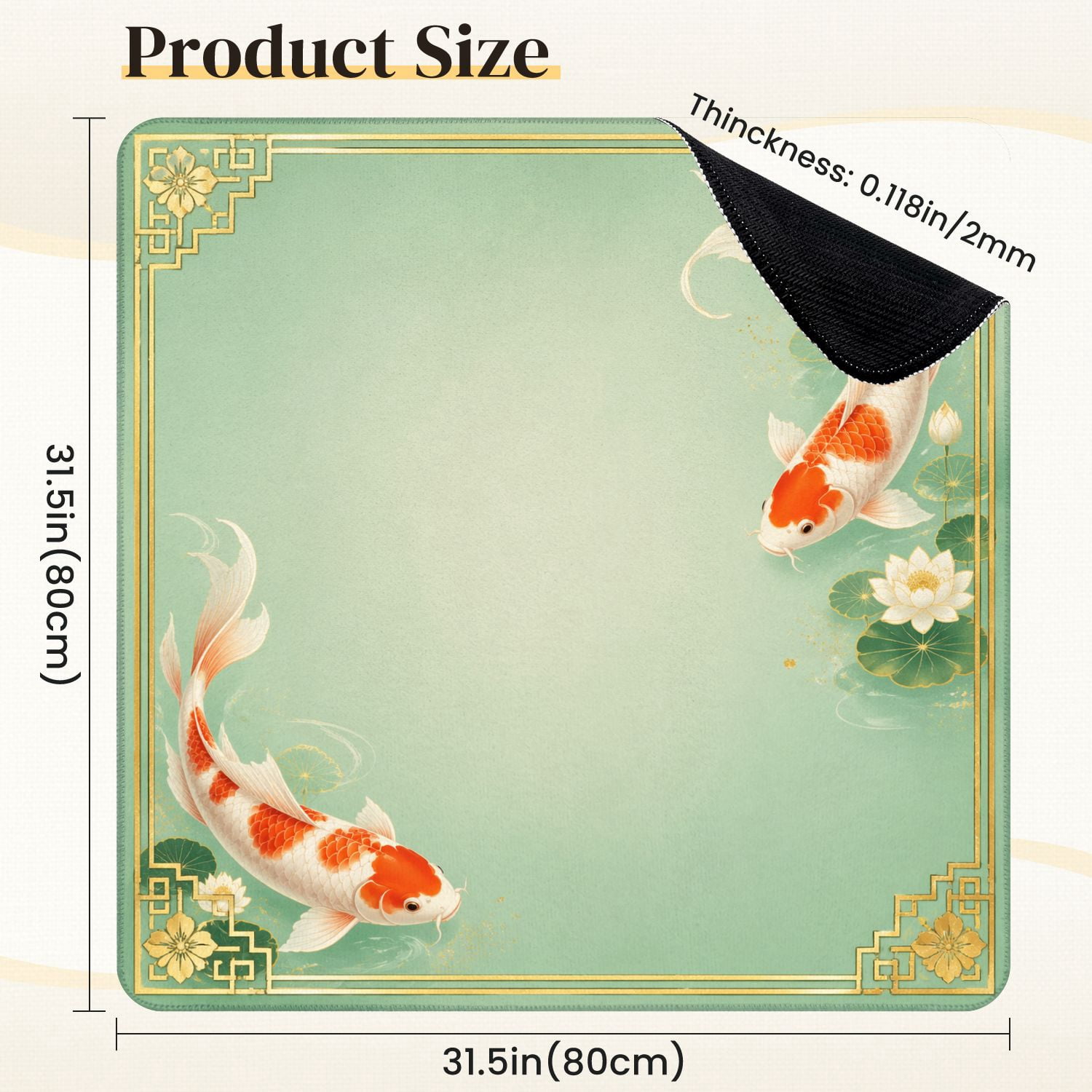 Mahjong Mat 31.5" x 31.5" Elegant Fish Gold Light Green Non-Slip Noise Reduction Mahjong Tiles Table Cover for Dominoes Poker Card Board and Tile Games