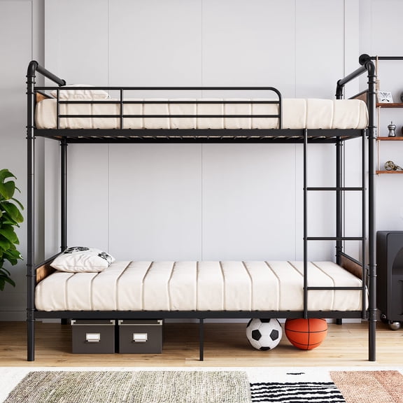 Heavy Duty Metal Twin Over Twin Bunk Bed – Detachable Ladder & High Safety Guardrails – Converts to 2 Single Beds – Noise-Free, Space-Saving, No Box Spring Needed – Matte Black