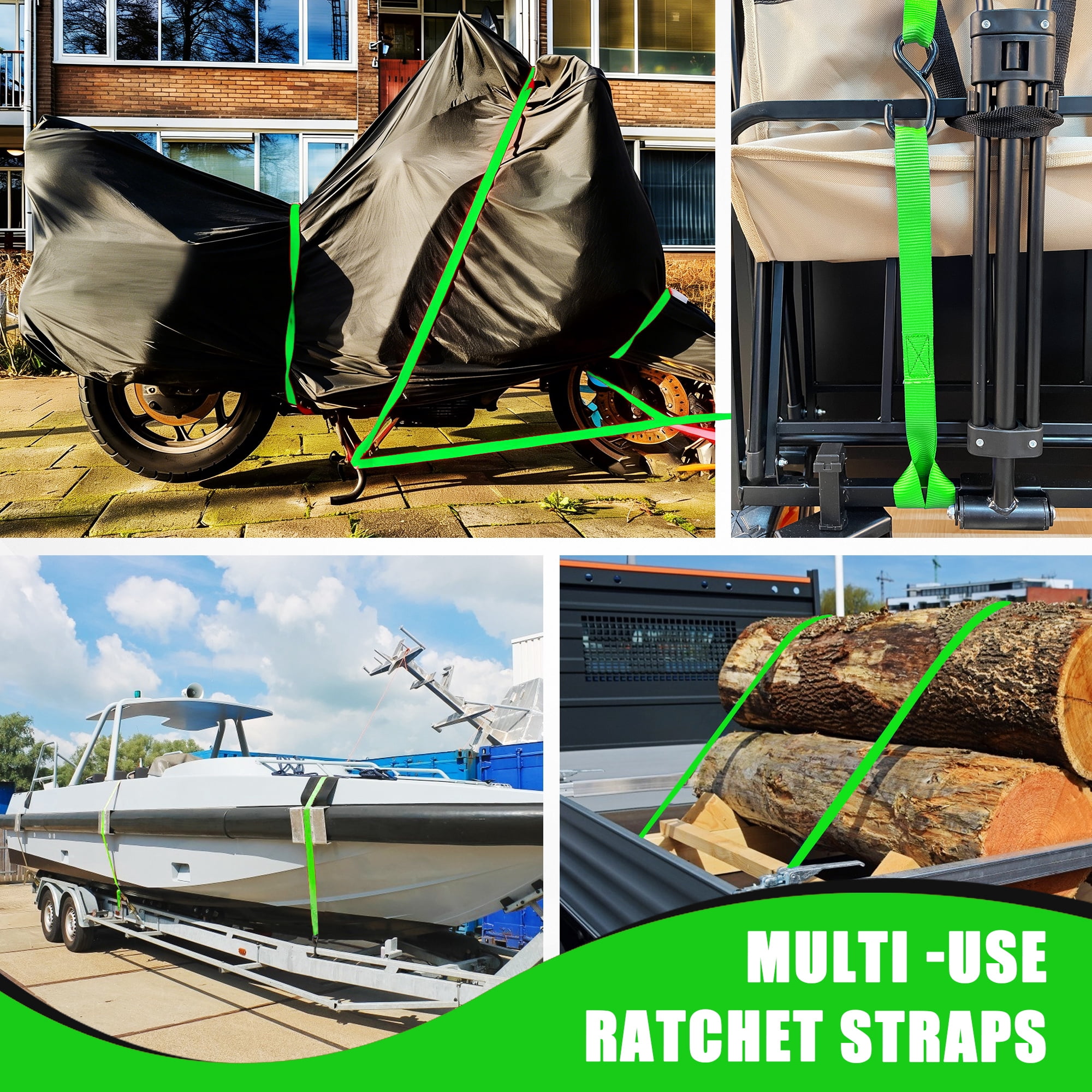 AWELCRAFT Tie-Down Ratchet Straps S-Hooks 1500 lb Load Capacity Green 4-Pack 1 Inch x 15 ft,Green
