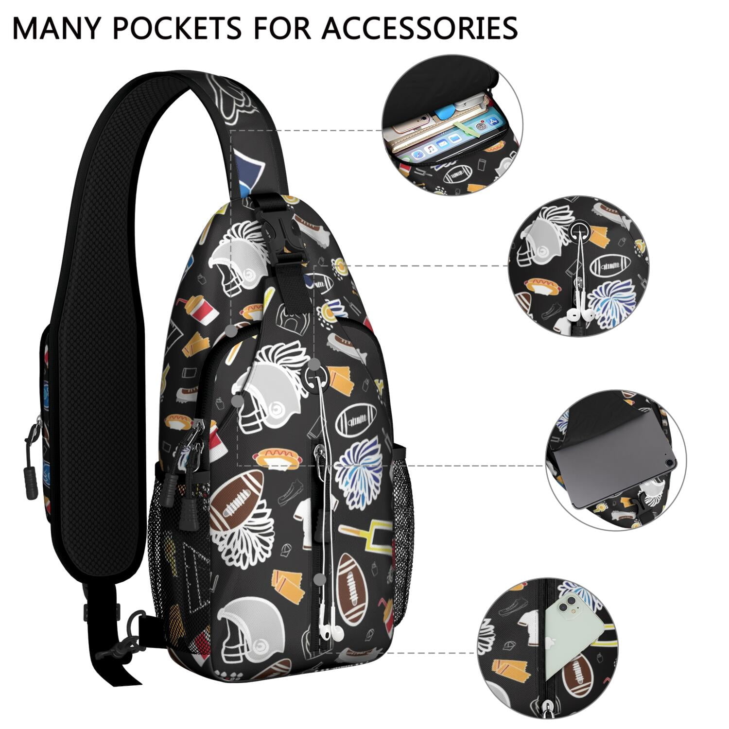Play and Training Sling Backpack with Sports Ball Prints – Water-Resistant Crossbody Bag with Partitioned Storage, Breathable Back, Smooth Zippers, Adjustable Strap, Ideal for Baseball, Fo