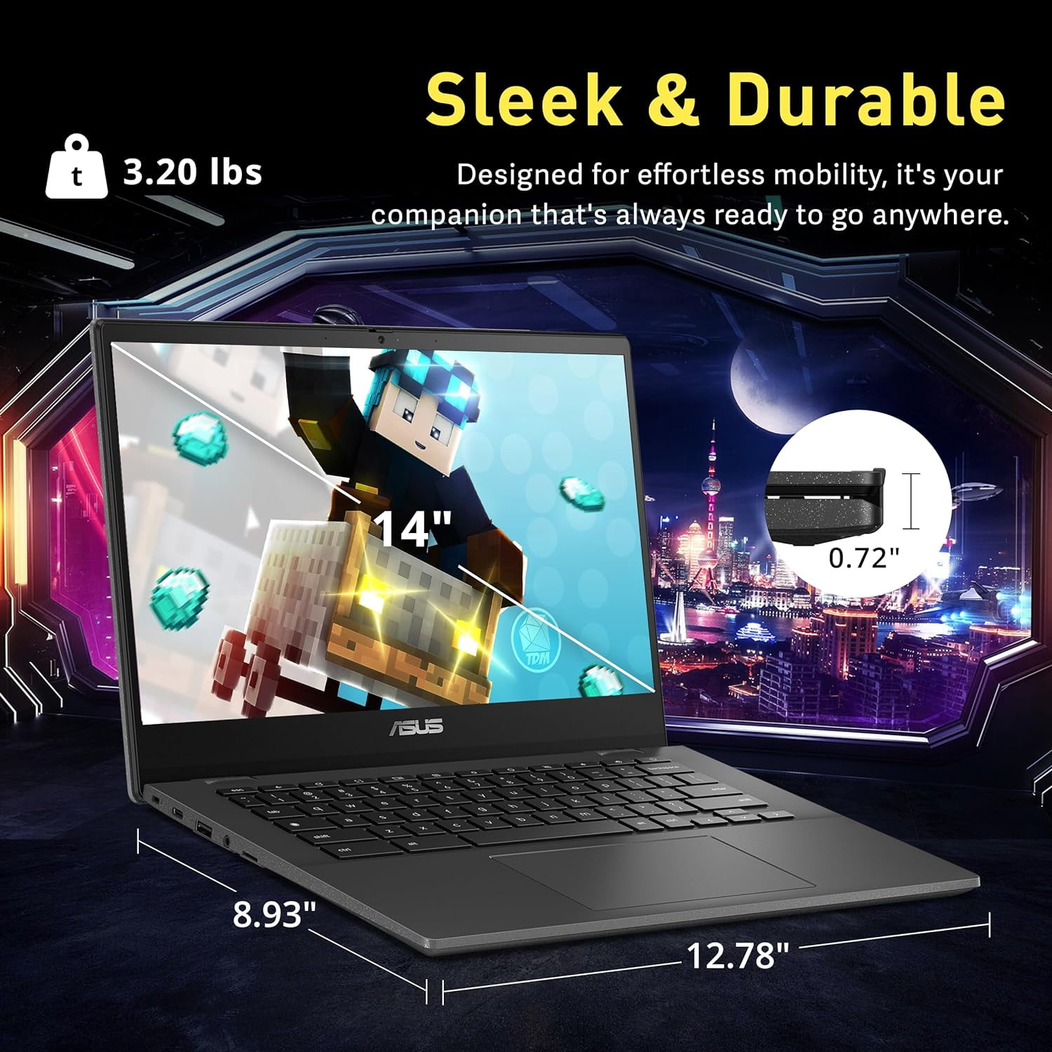 ASUS Chromebook CM1402 14" FHD Anti-glare Laptop, MediaTek Kompanio 520, 4GB LPDDR4X, 64GB eMMC, HD Webcam, WiFi 6, Bluetooth, Chrome OS, Gravity Gray, 128GB Hotface USB Card