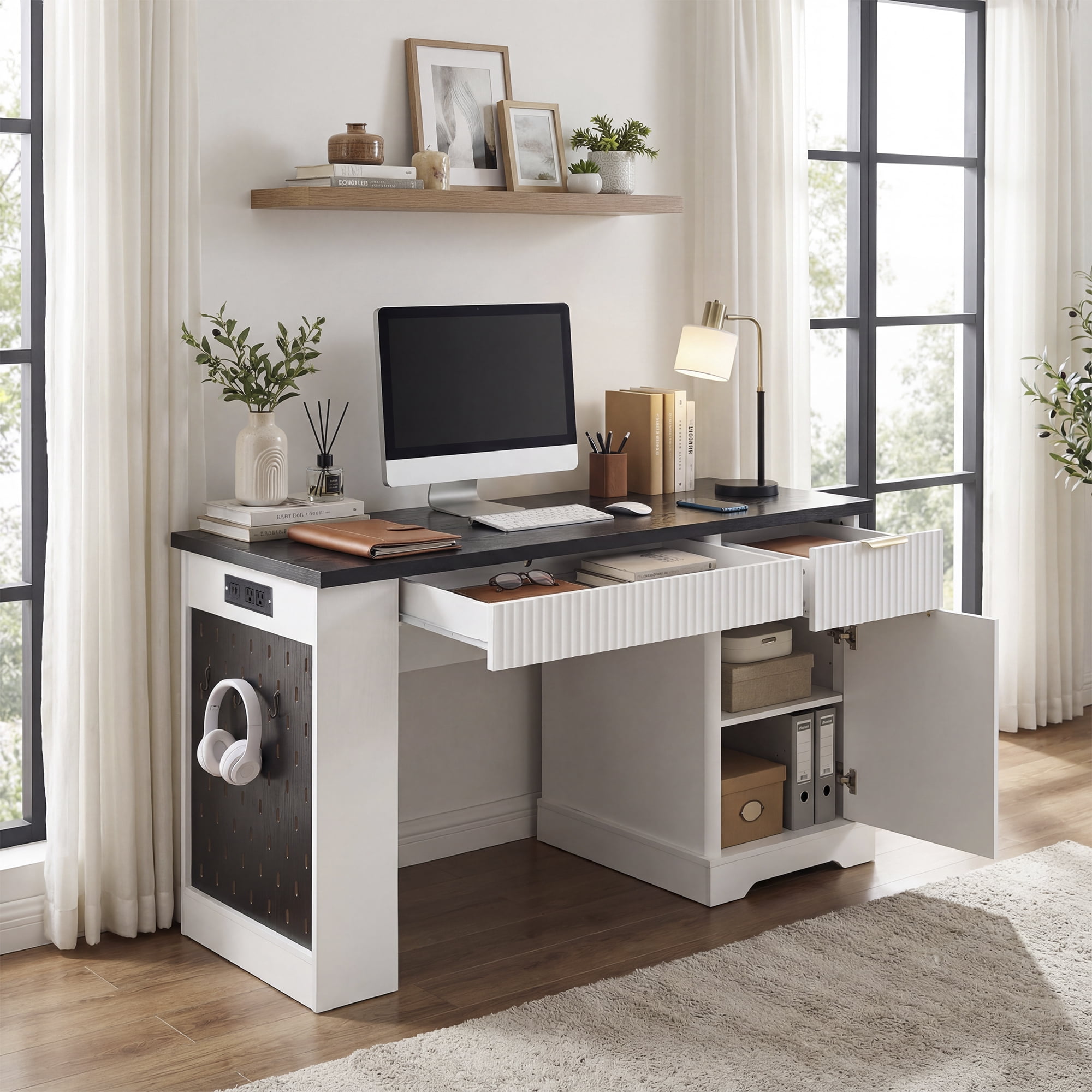 55" Office Desk with Storage Cabinet & Drawers, Computer Writing Desk with Power Outlet, Pegboard, Built-in Shelves and Keyboard Tray for Study, Living Room, Home Office, White