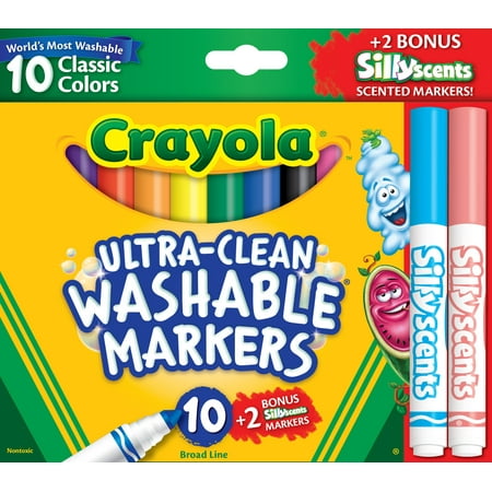 Crayola 10 Count Ultra-Clean Washable Broad Line Markers Plus 2 Silly Scents