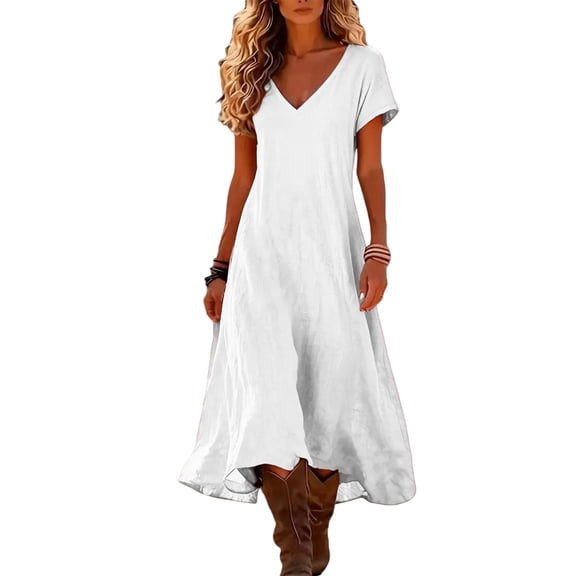 CIENVNSTG Dresses for Women Summer Short Sleeve V Neck Maxi Dress Plus Size Loose Casual Flowy Swing A Line Beach Sundress White L