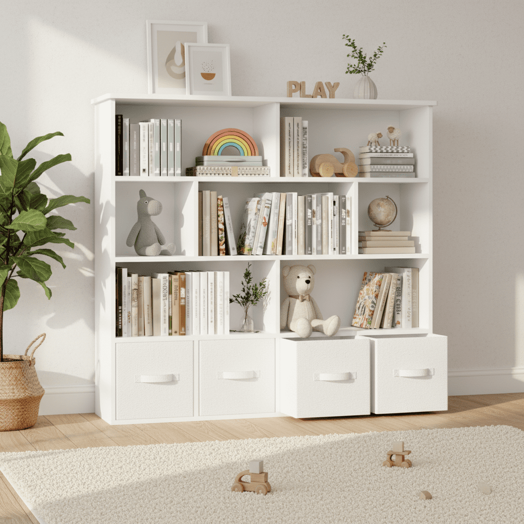 Erinnyees Kids Toy Organizer: 4-Drawer Bookshelf with 7 Cubbies, White