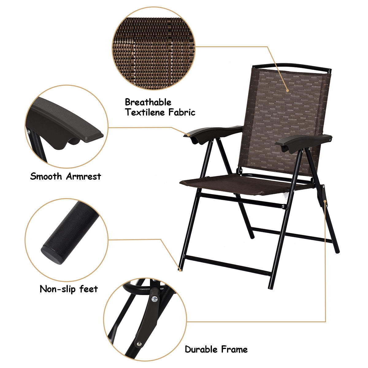 Costway 4PCS Folding Sling Chairs Steel Armrest Patio Garden Camping W/Adjustable Back