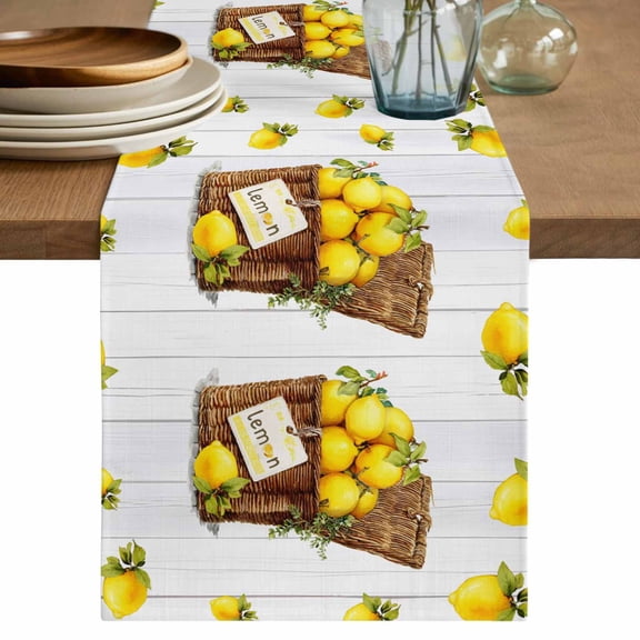 Lemon Basket Summer Table Runner 70 Inches, Farmhouse Grey Wooden Bed Runner Dresser Scarves Tabletop for Indoor Outdoor Parties/Ceremony/Banquet, 13" x 70"
