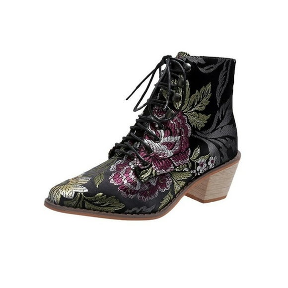UKAP Womens Western Cowgirl Boot Embroidered Floral Booties Lace Up Ankle Boots Party Winter Shoes Lightweight Black 7
