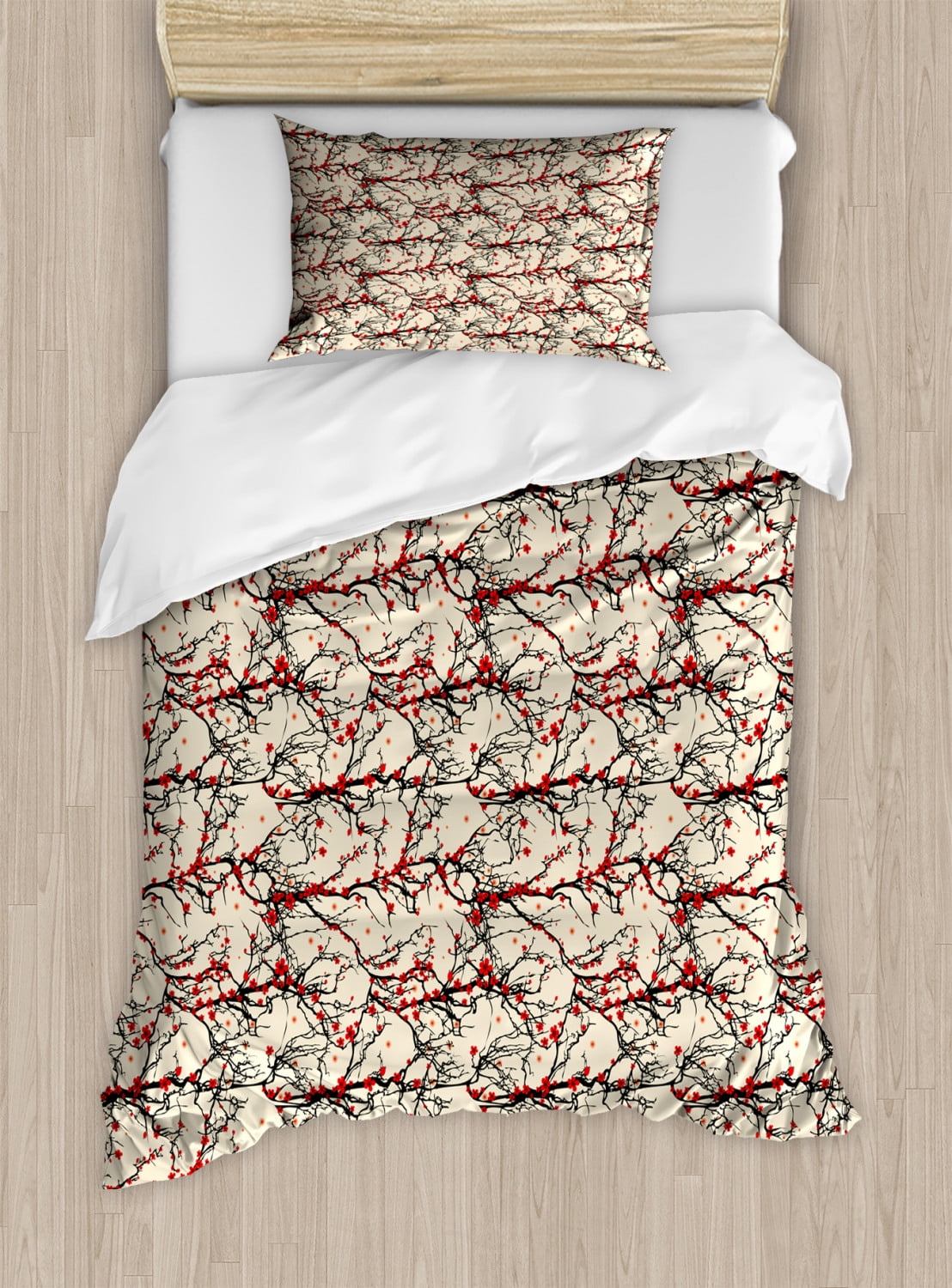 Cherry Blossom Twin Size Duvet Cover Set, Vivid Japanese Garden Tree