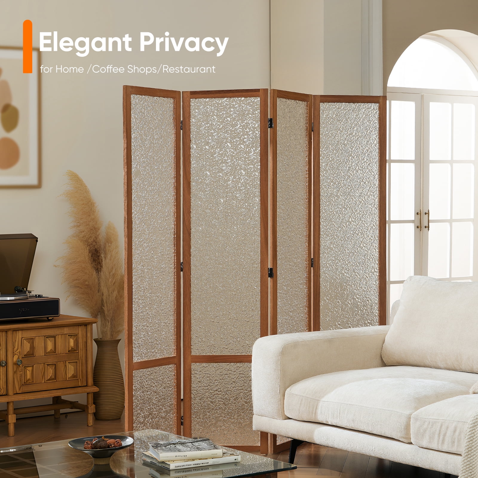 Jostyle 4 Panel Acrylic Room Divider Privacy Screen Translucent Folding Partition with Paulownia Wood Frame Natural, Shatterproof & Space-Saving for Living Room, Bedroom, Office