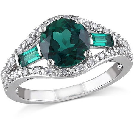2 Carat T.G.W. Created Emerald and Diamond-Accent Sterling Silver Three-Stone Ring