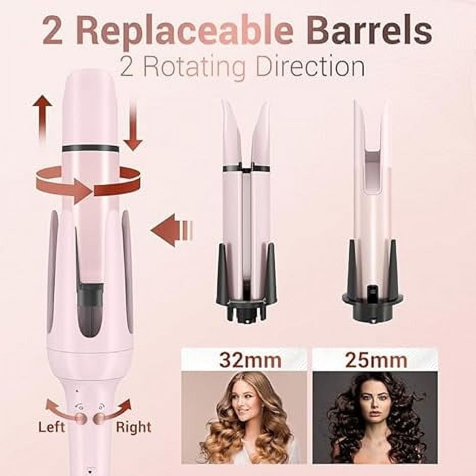 RKXQT Automatic Curling Iron Hair Curler, Replaceable Curling Wand with 2 Sizes Barrel (1", 1.25") & 3 Temps, Hair Waver with Anti-Tangle & Auto-Off, Double Voltage Rotating Curling Iron for Long Hai