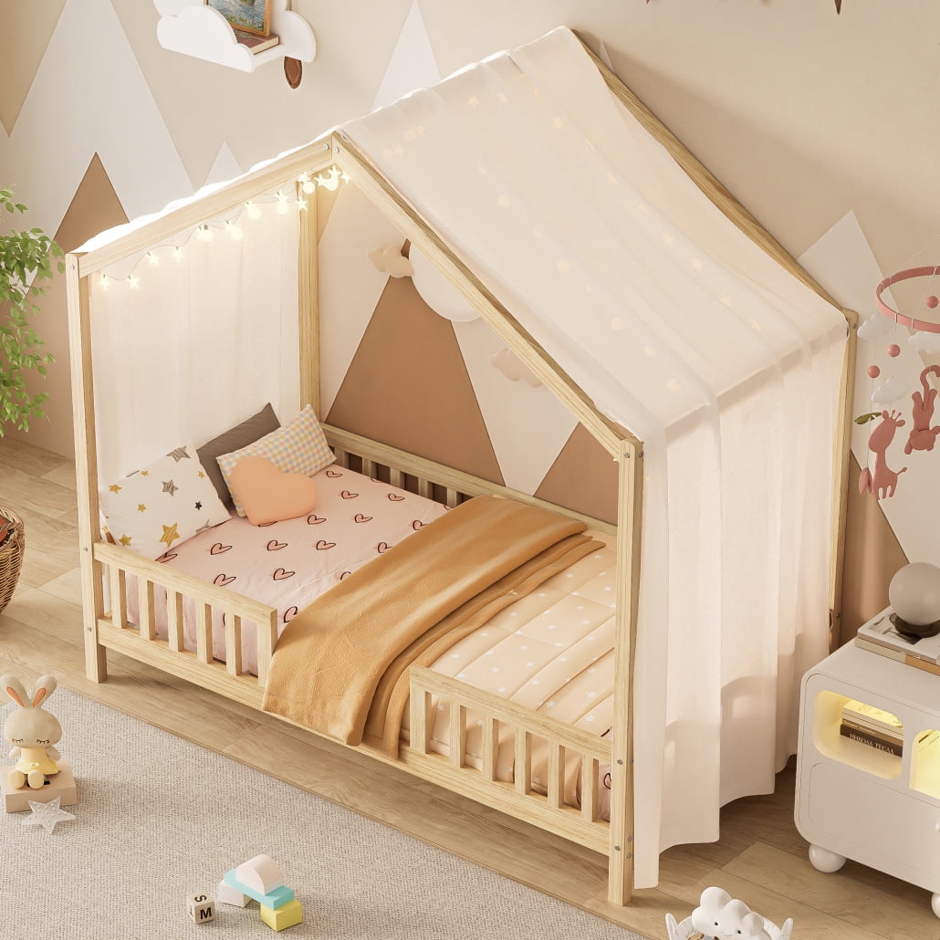 Twin Size Montessori Floor Bed with Canopy,Wooden House Shape Bed with High Railings and Roof,Floor Bed Frame with Reinforced Slats Support,No Box Spring Needed,House Beds for Boys,Girls,Natural