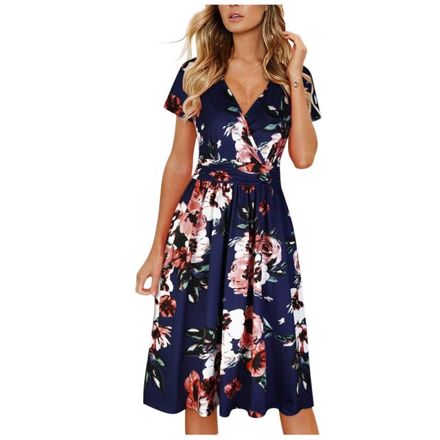 PENGXIANG Femmes Manches Courtes Casual Imprimé Floral Plage Maxi Robe en Vrac