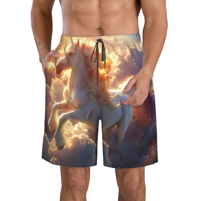 Fotbe Rainbow Cloud White Horse Trajes de Baño Estampados para Hombre, Shorts de Verano de Secado Rápido, Ropa de Playa, Bañadores-Small