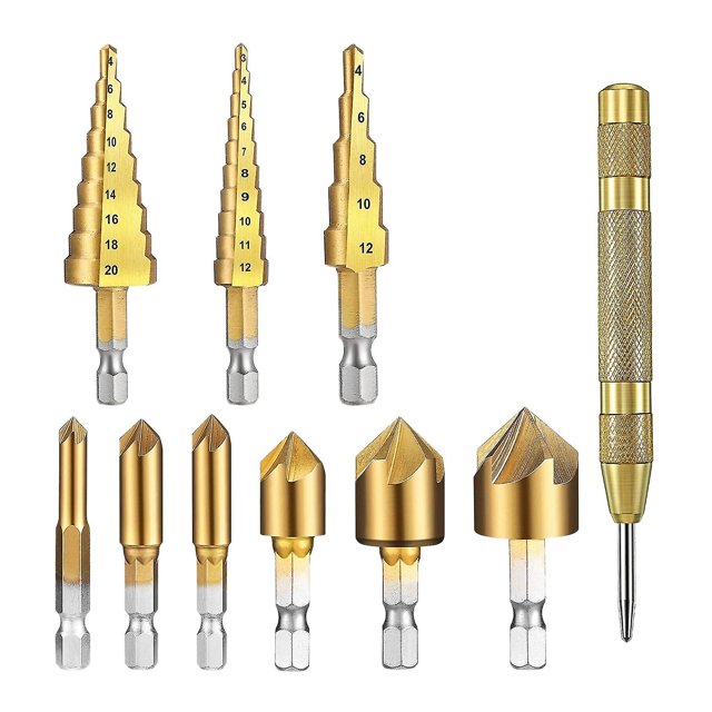 Juego de brocas escalonadas de 10 piezas, vástago hexagonal de 1/4 pulgadas, juego de brocas para fregadero de 5 flautas con resorte automático