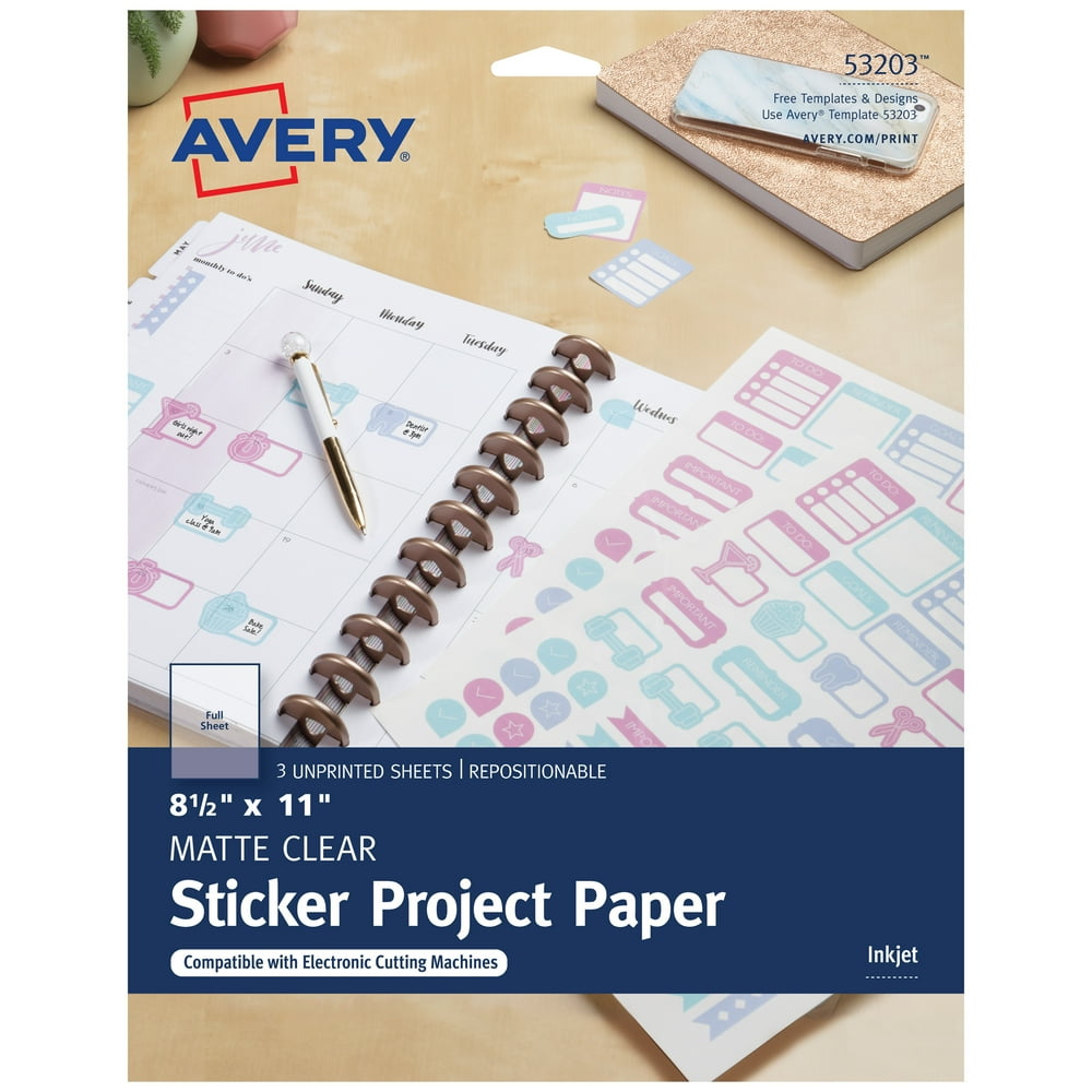 Avery Printable Sticker Paper, Matte Clear, Inkjet, 3 Sheets (53203