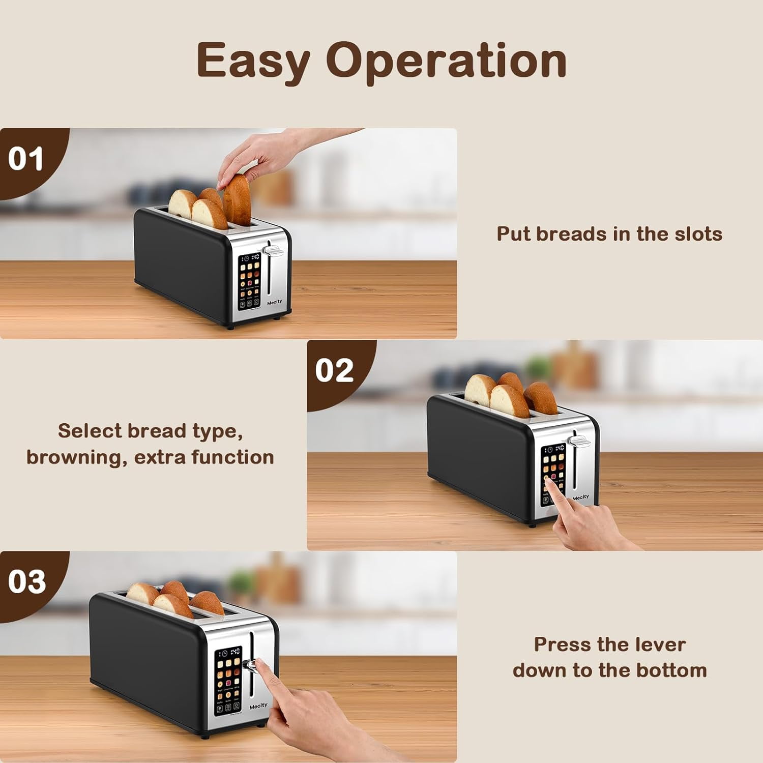 4 Slice Toaster with Touchscreen Long Slot, Stainless Steel Smart Bread Toaster for Bagel Muffin Waffle Gluten Free Breads, Timer, Defrost, Reheat, 120V 1400W