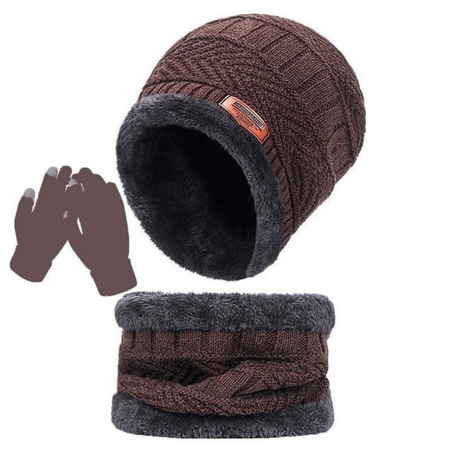 Winter Hat and Gloves for Men Winter Warm Plus Fleece Thick Hat Scarf Scarf Solid Color Screen Gloves Three-Piece Adult Winter Gloves Touchscreen Gloves Mens Winter Gloves Touchscreen