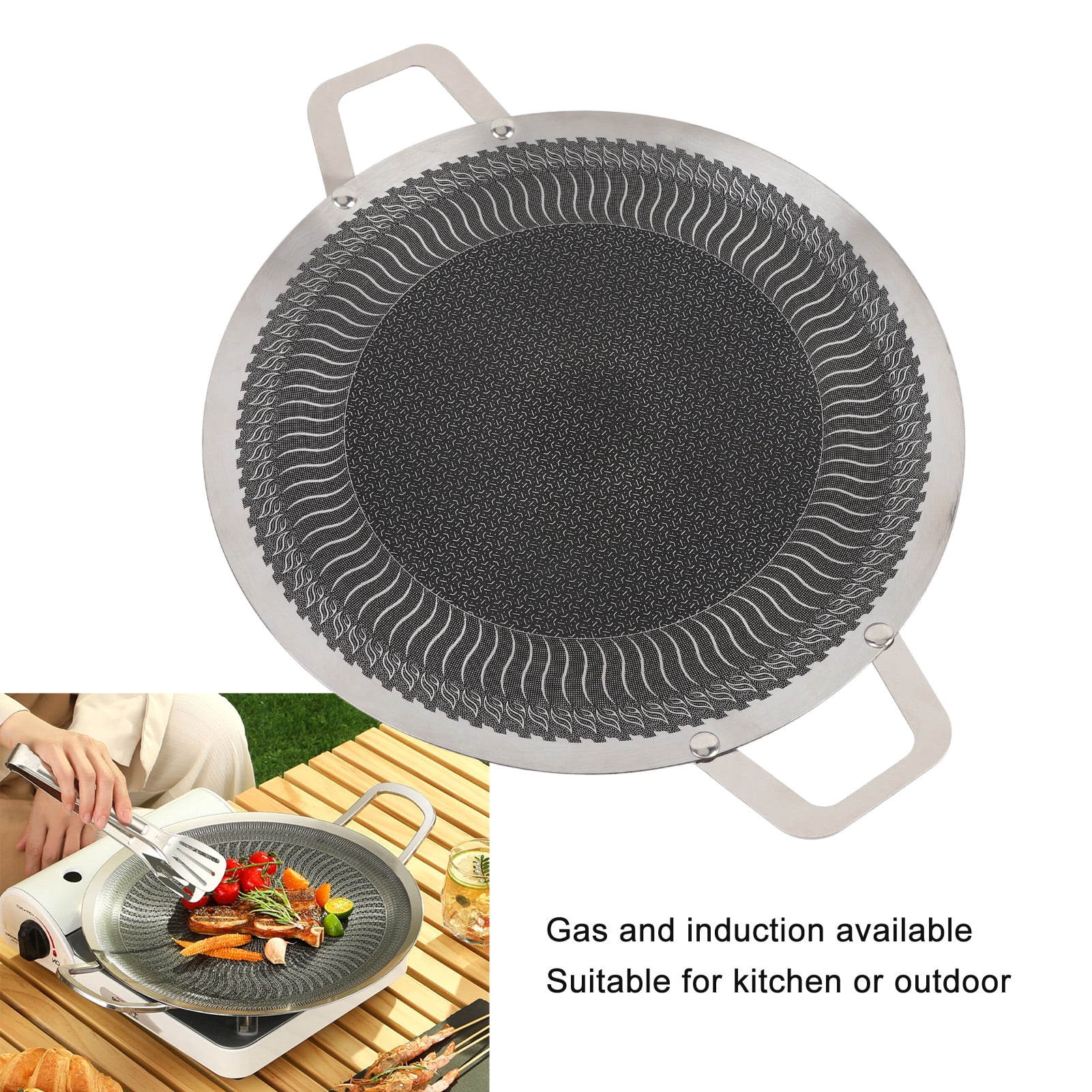 YAHHU Round BBQ Griddle Korean Grill Pan Stainless Steel Nonstick Double Handle for Induction Cooktop Outdoor Camping Barbecue 15.0 inches / 38cm