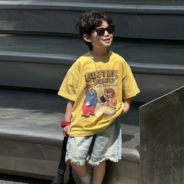 Camiseta estampada para niños, algodón, cuello redondo, manga corta, corte holgado, Top informal de verano para niños y niñas en la infancia media