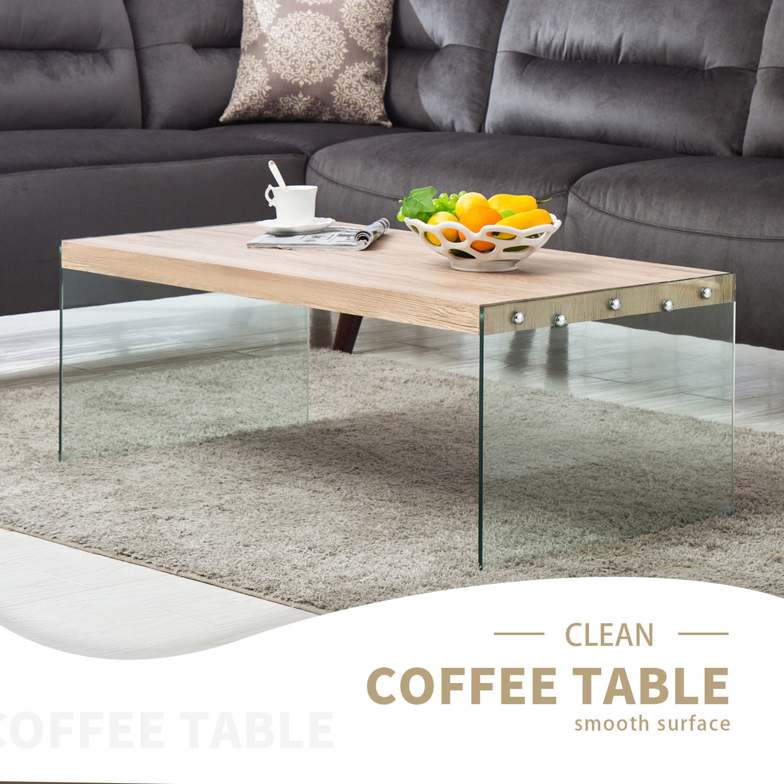Mecor Coffee Table Wood Top Tempered Glass Legs Contemporary Living