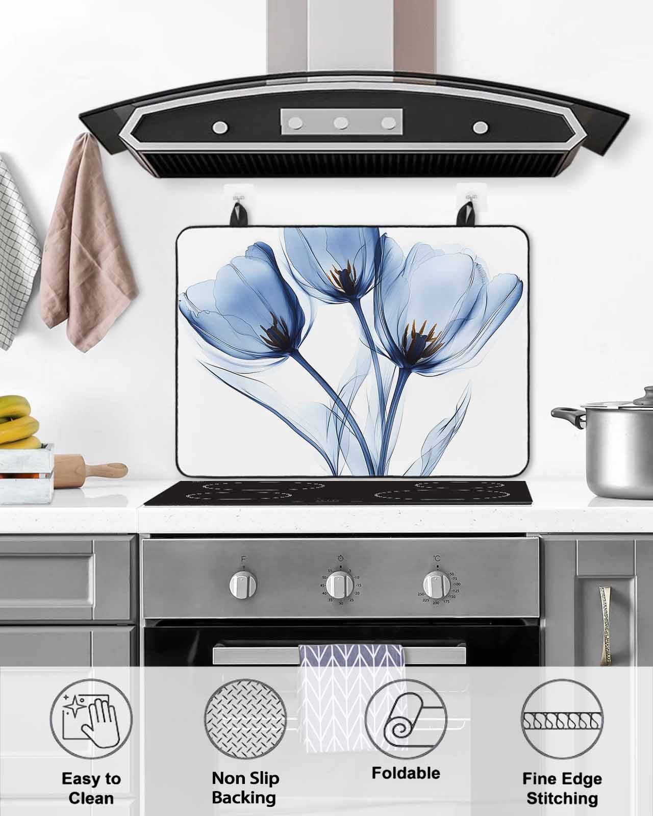 nqOlkjepod Large Induction Cooktop Protector Mat 36"x21", Blue Flowers Stove Top Covers for Electric Stove, Simple Gradient Tulip Floral Branches Stove Burner Cover Mats, Glass Top Stove Cover