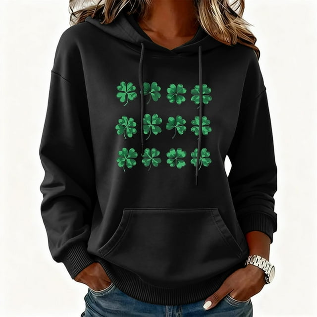 Xuyuer Womens St. Patrick's Day Clover Print Hoodie Casual Long Sleeve Sweatshirt Irish Shamrock Pullover Tops Sweatshirts Clover Print Shirts Casual Irish Gift Loose Fit Tops