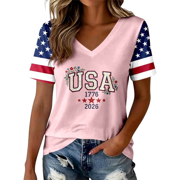 4th of July T-Shirts for Women's Independence Day Patriotic Graphic Summer Print V Neck Short Sleeve Casual Blouse Tee Pink M