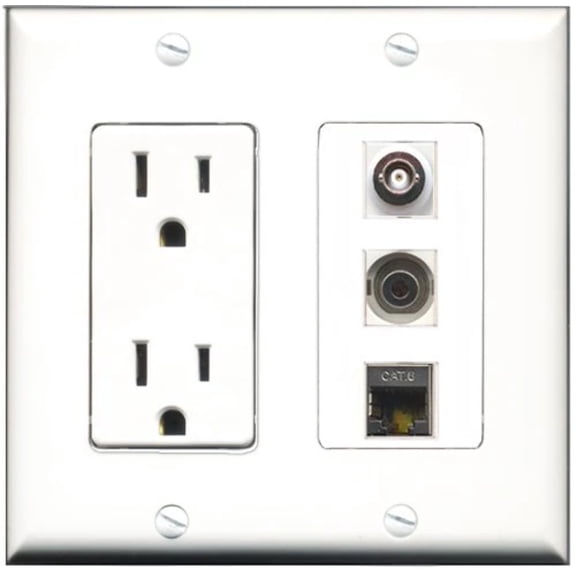 RiteAV - 15 Amp Power Outlet 1 Port Shielded Cat6 Ethernet Ethernet 1 Port 3.5mm 1 Port BNC Decorative Wall Plate