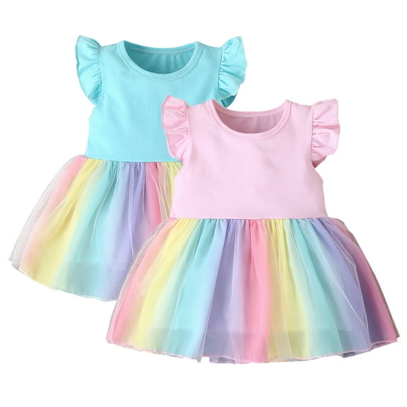 YTDSCS 9M-4T Girls Mesh Tulle Princess Dress Rainbow Flutter Sleeve Dress Summer Dress Wedding Skirt for Toddler Baby