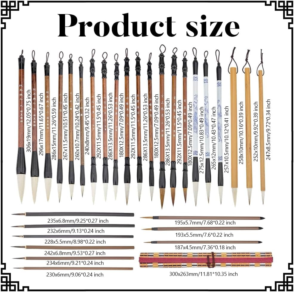 30 Pcs Chinese Calligraphy Brush Set Writing Painting Watercolor Ink Brushes with Roll up Bamboo Brush Holder Japanese Sumi Painting Brush Pens