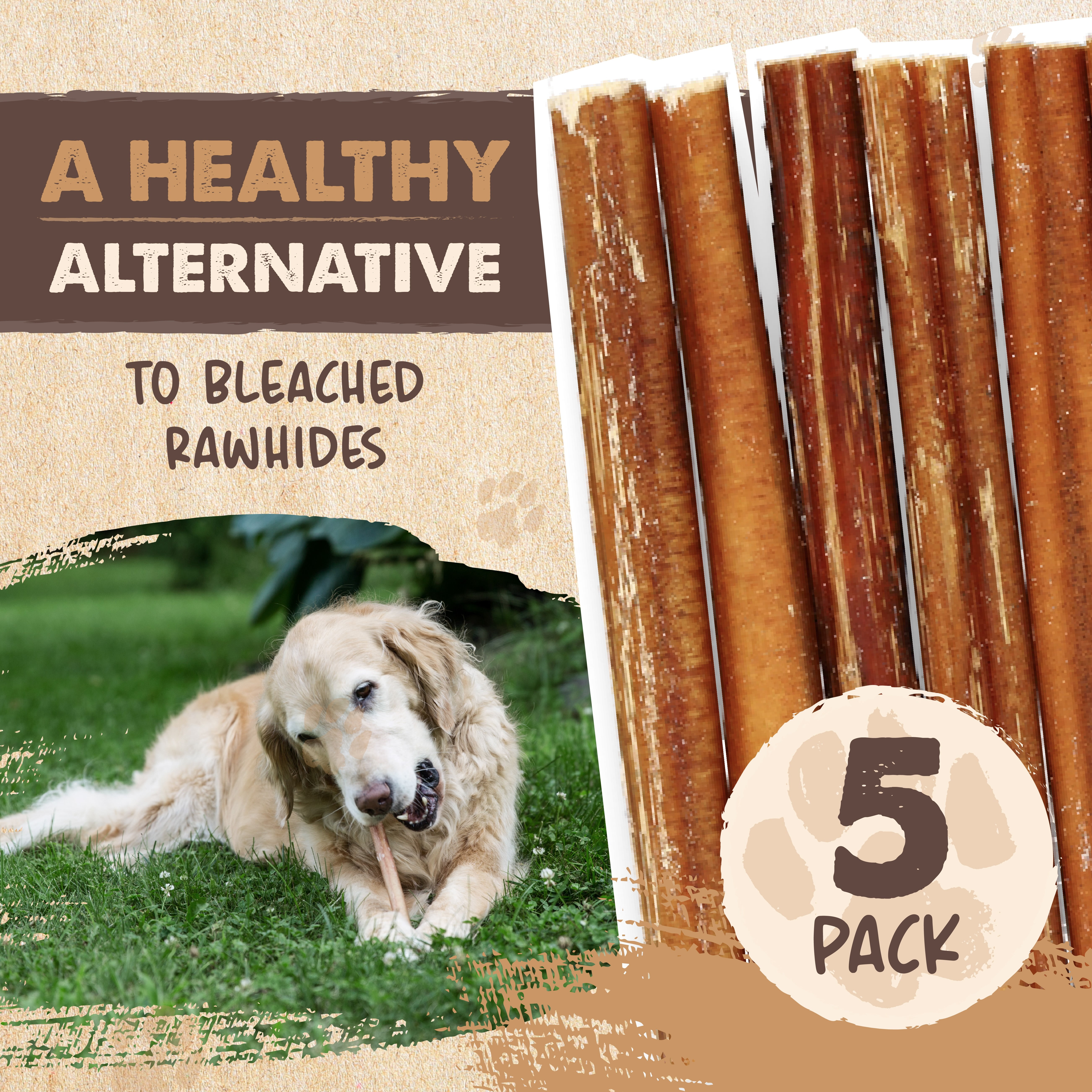 Mighty Paw Naturals Bully Sticks, All-Natural Protein Dog Treats for Dental Health, Large Dogs (12" Standard, 5 Pack)