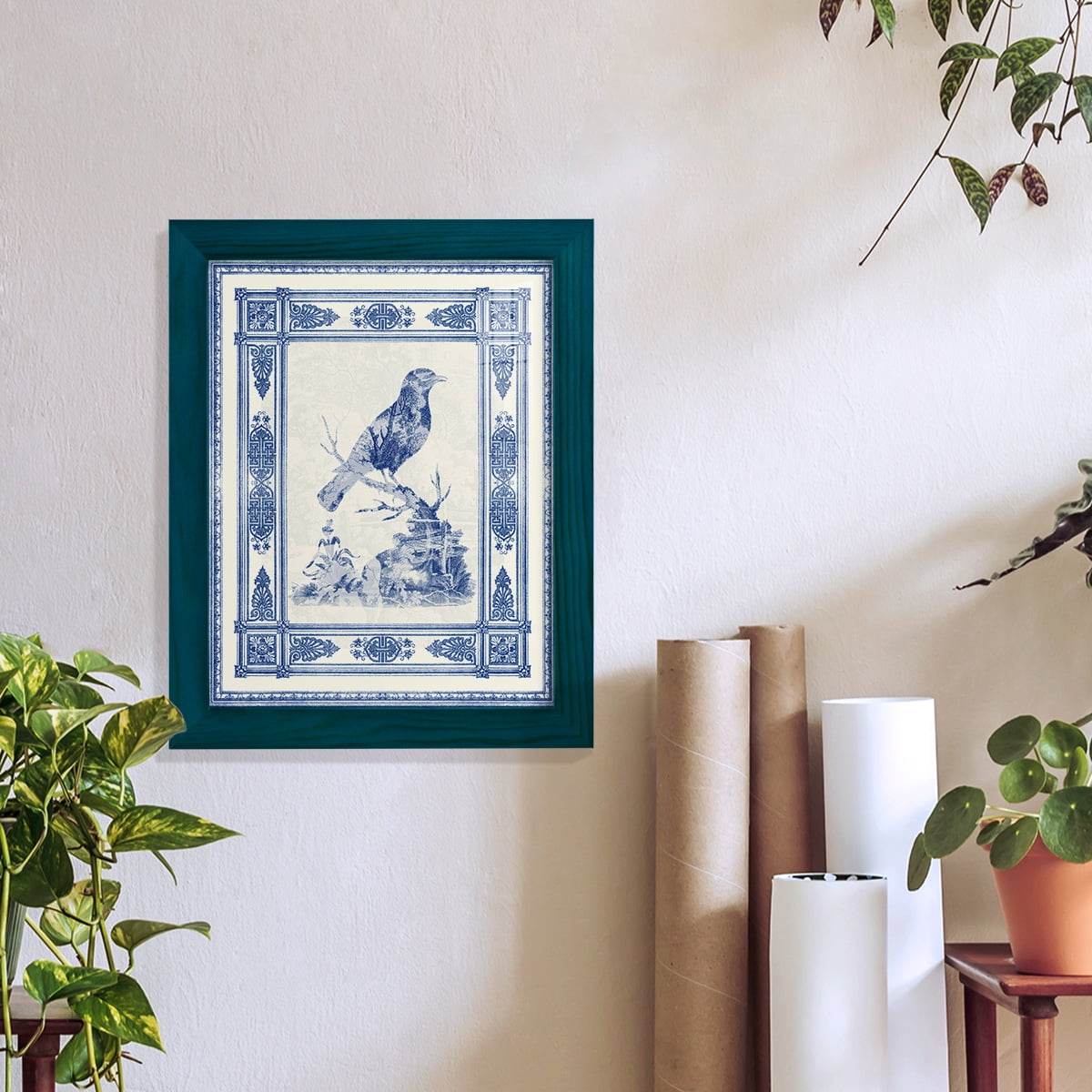 Toile de Jouy I -Framed Print w/glass-Ocean Blue