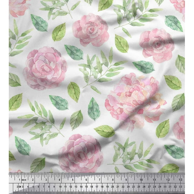 Soimoi White Moss Georgette Fabric Leaves & Flower Floral Decor Fabric Printed Yard 42 Inch Wide