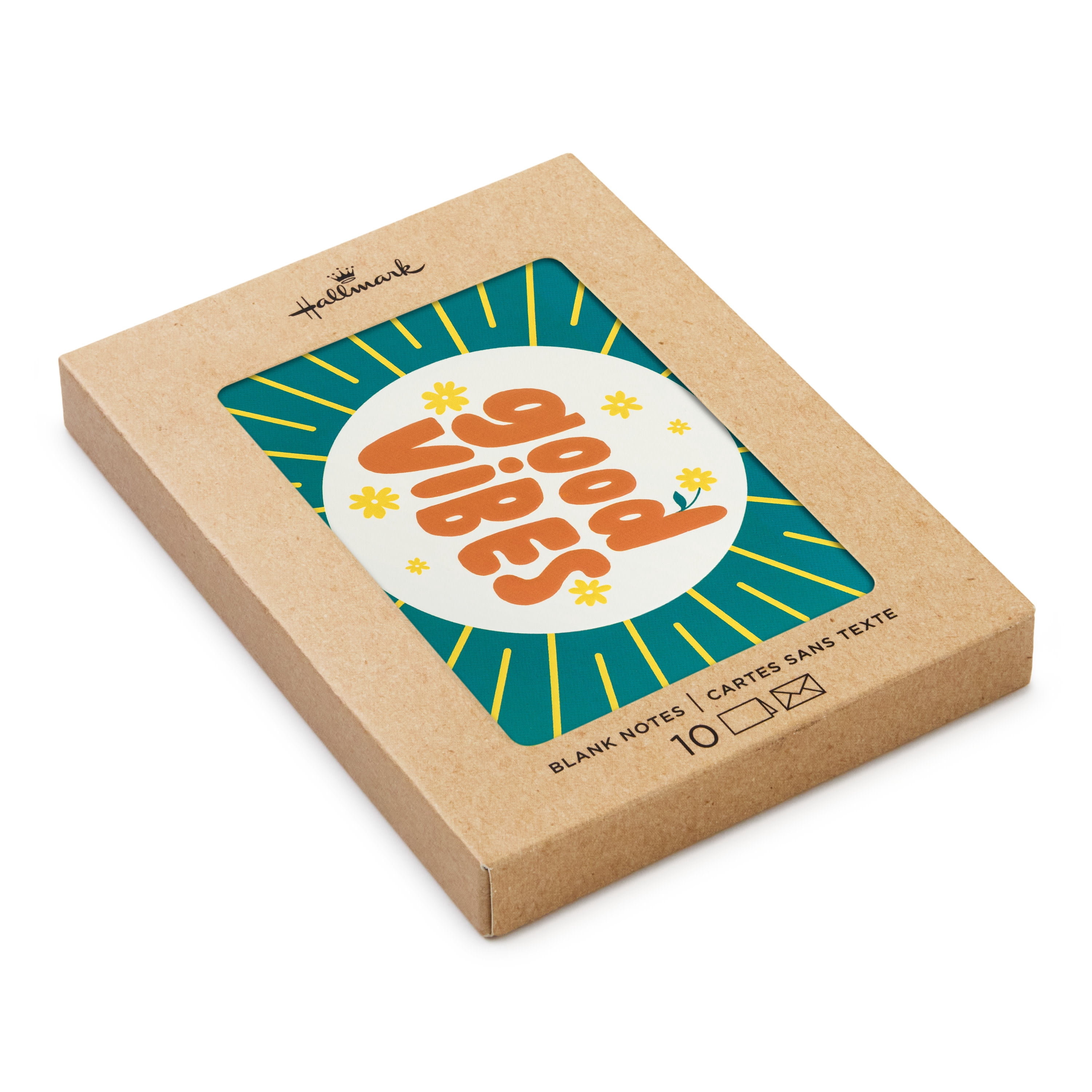 Hallmark Blank Notes (Good Vibes Yellow Rays on Green), 10 Count