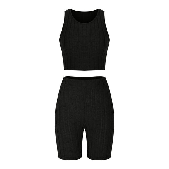 LYXSSBYX Two Piece Sets for Women Summer Women's 2 Piece Outfits Rib Knit Round Neck Sleeveless Crop Tank Top and High Waist Biker Shorts Set