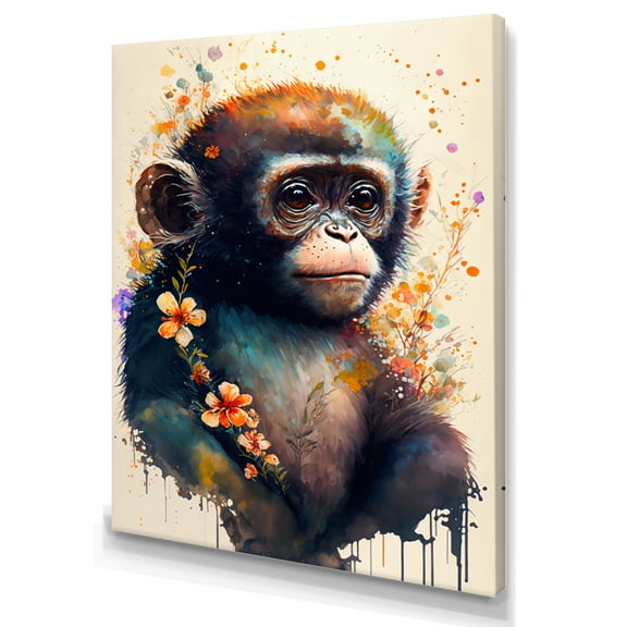 Designart Cute Monkey Floral Art II Canvas Wall Art