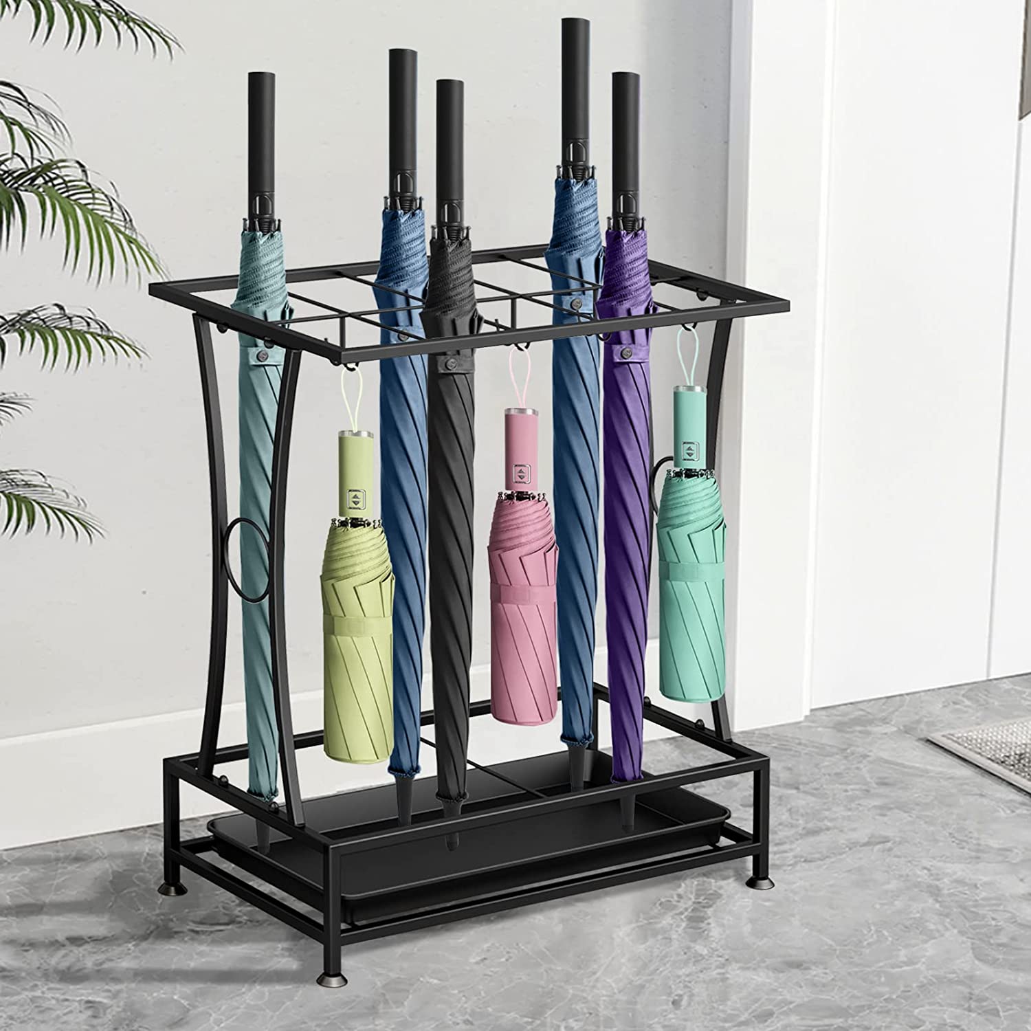 Metal Umbrella Holder Stand with Removable Drip Tray, Industrial Free Standing Umbrella Rack Organizer for Entryway Home Office Patio Decor
