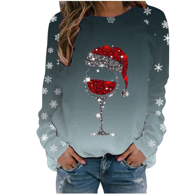 OJinShaWanO Sweat à Capuche Sauveteur pour Femmes Automne et Hiver Flocon de Neige de Noël Verre Rouge Dégradé Imprimé Col Rond Épaule Manches Longues Décontracté Sport