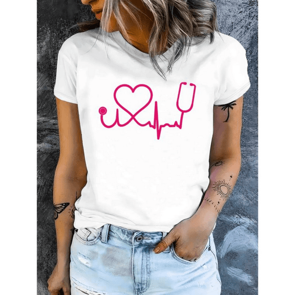 Nurse T-Shirt, Heartbeat EKG Stethoscope Graphic Tee, Medical Top S-4XL