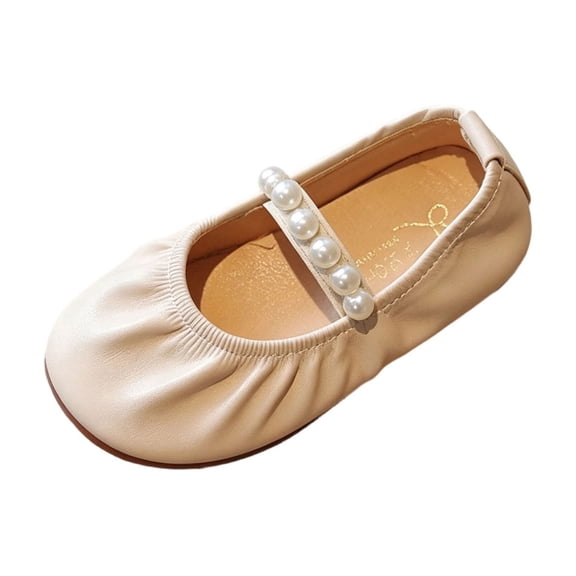 Soft Sole Ankle Strap Flats for Toddler Girls Comfortable Stretchy Ballet Flats with Pearls Classic Round Toe Slip On Shoes for Daily Party