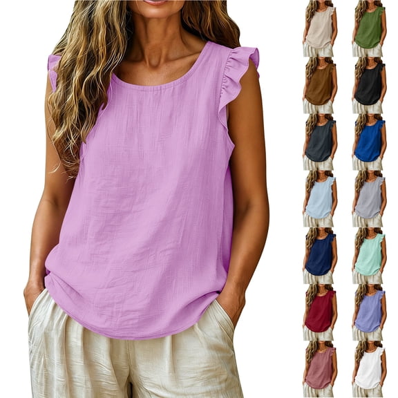 Otntypg Women’s Ruffled Trim Sleeve Tank Tops Lightweight Casual Crewneck Summer Shirts Loose Fit Basic Solid Color Blouse Soft Cotton Sleeveless Tops