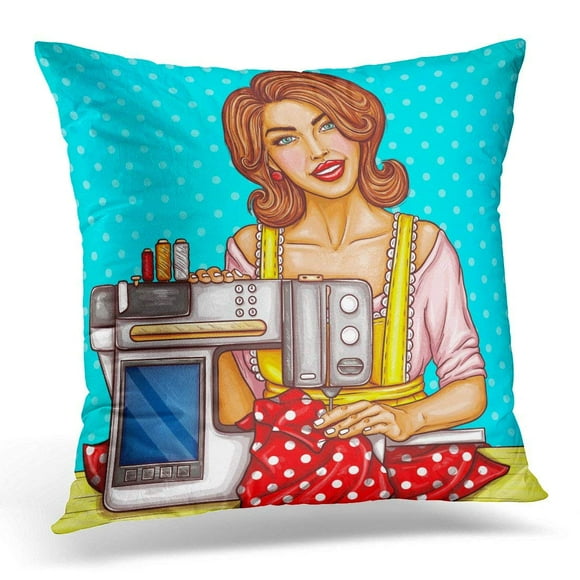 EREHome Smiling Pretty Woman Seamstress Sews on Modern Sewing Machine with Display Needlework Hobby for Housewife Pillow Case Pillow Cover 18x18 inch