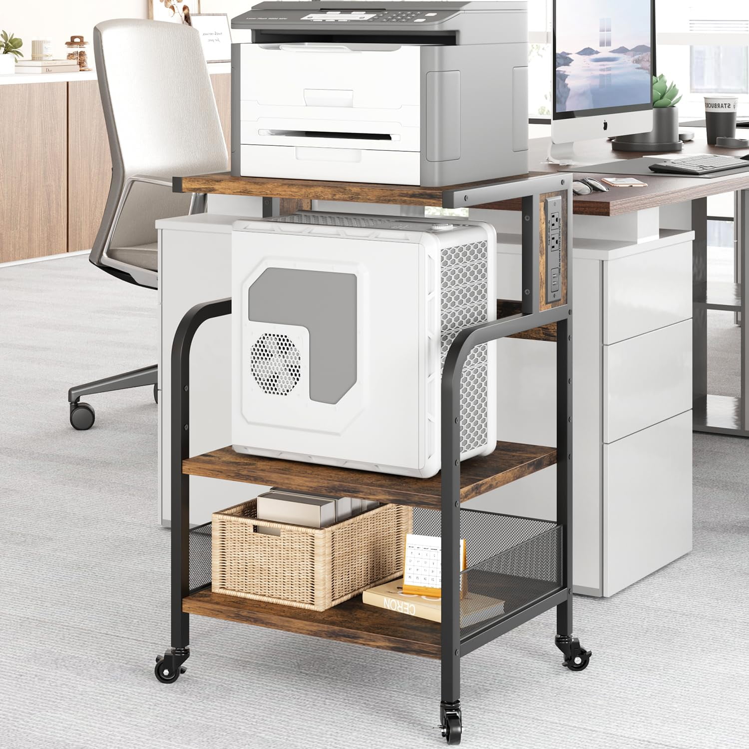 Support D'imprimante 2 étages Avec Tiroir - Meuble De Rangement Sous Bureau, Design Réversible Et Robuste, Charge 40 Kg - Marron Rustique HOOBRO Meuble Rangement Bureau Salon Cuisine