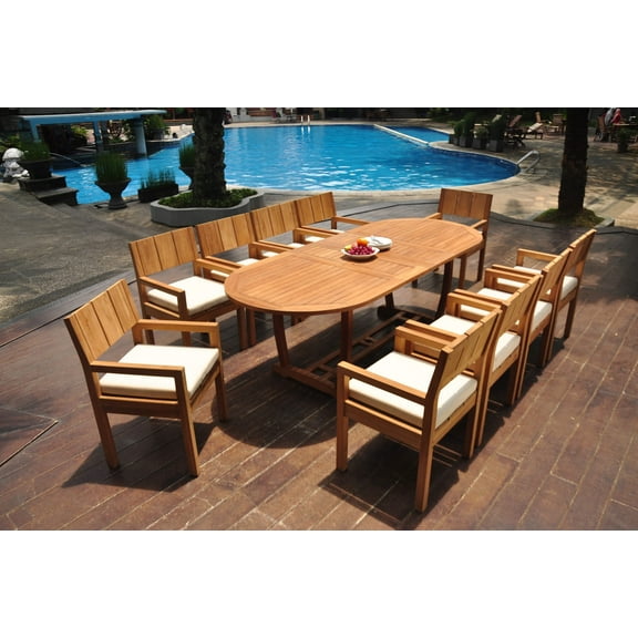 Grade-A Teak Dining Set: 10 Seater 11 Pc: 94" Mas Oval Trestle Leg Table And 10 Veranda Arm Chairs Outdoor Patio WholesaleTeak #WMVR75
